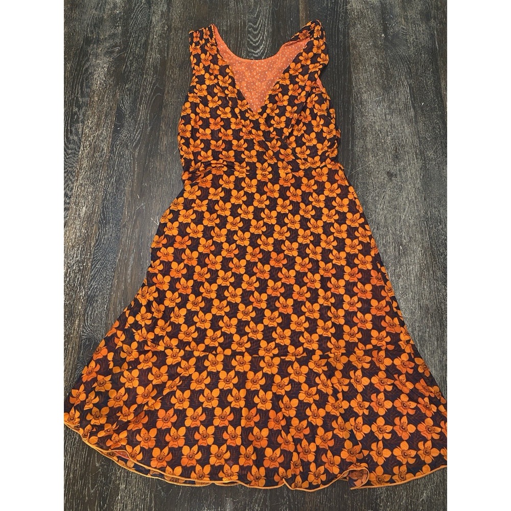 Cabi Playday Flip Dress Orange Floral Polka Dot Sleeveless Midi 6370 Womens XS